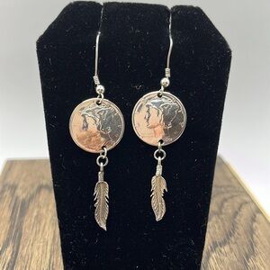 Vintage Mercury Dime Dangle Feather  Earrings 1944 and 1945. Silver Mercury Dime